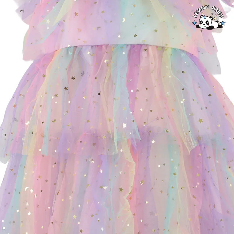 LEZONKIDS - Custom Fly Sleeve Star Print Rainbow Layered Tulle Dress for Girls